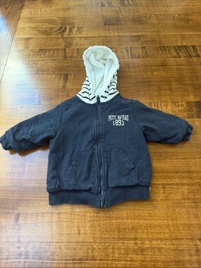 Petit Bateau Navy Zip-Up Hoodie with Striped Lined Hood